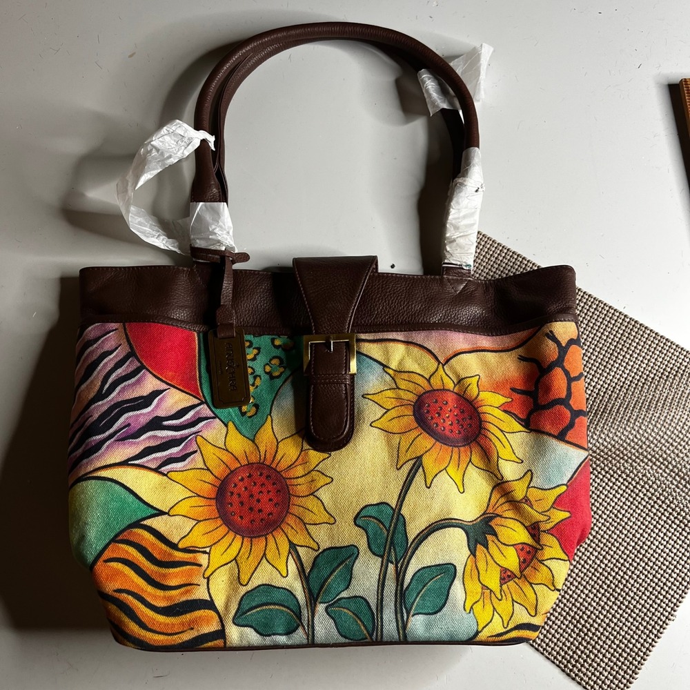 Anuschka Hand Painted Leather Canvas Tote Bag Sunflower Animal Print Brown
